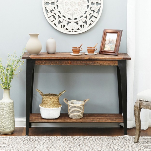 Luxenhome Dark Brown Wood And Black Metal 1 shelf Console And Entry Table