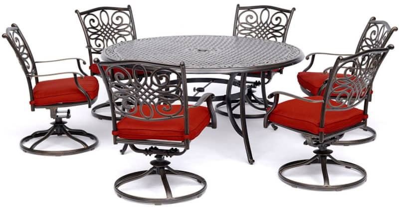 Hanover Traditions 7-Piece Outdoor Dining Set In Red/Cast With 6 Swivel Rockers， 60 Round Cast Table