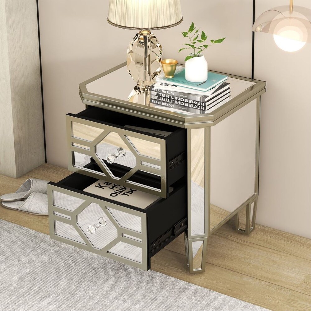 Silver Elegant Mirrored 2 Drawer Side Table with Golden Lines