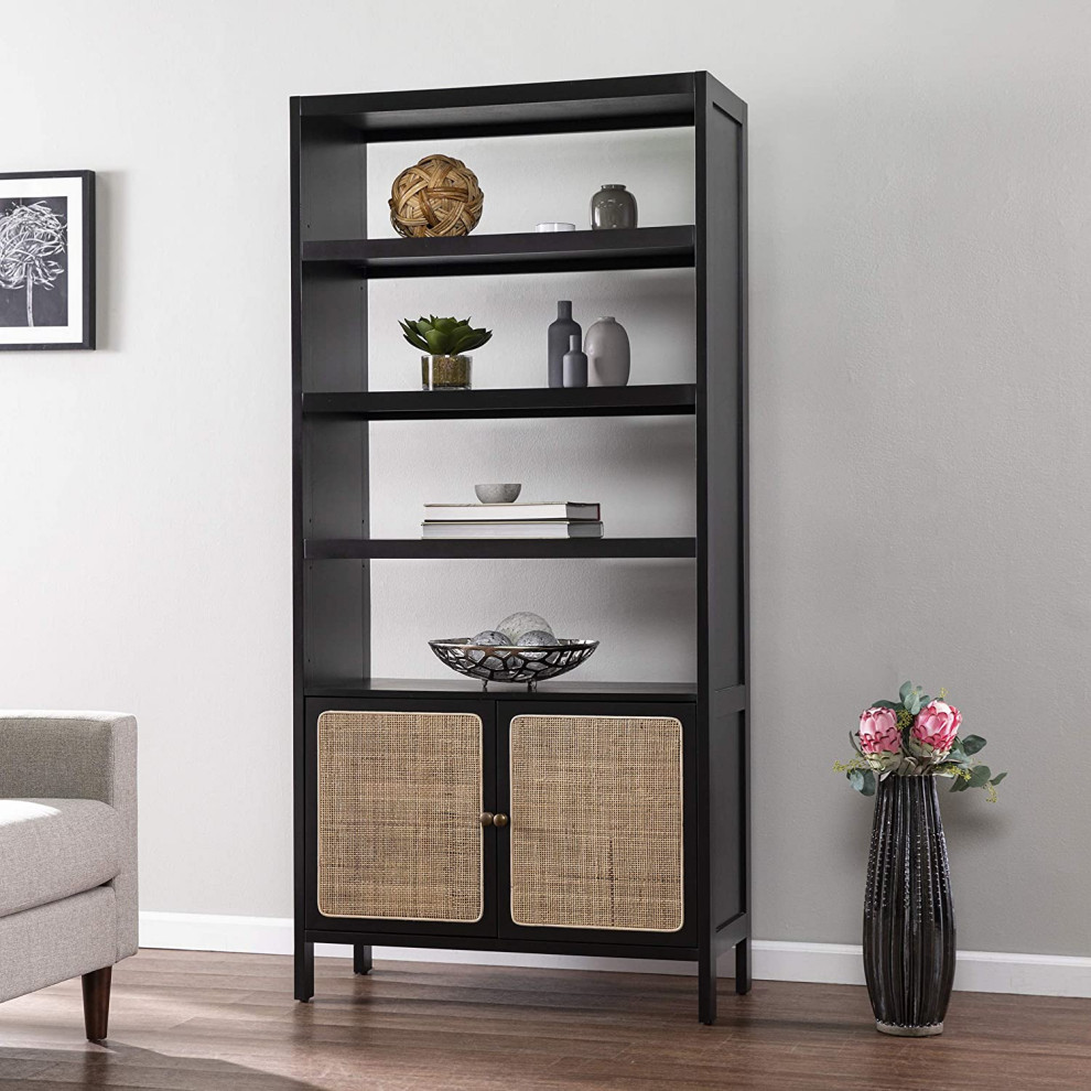 Multifunctional Bookcase  4 Open Shelves and Cabinet With Rattan Doors  Black   Contemporary   Bookcases   by Decorn  Houzz