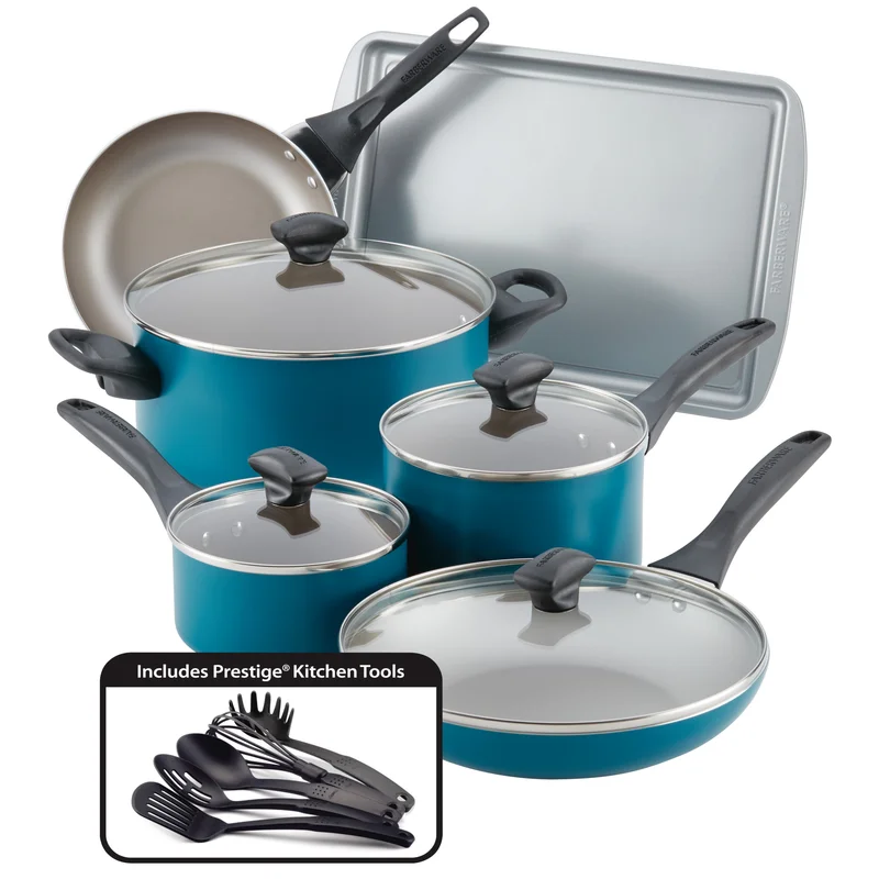 Farberware 20361 Dishwasher Safe 15-Piece Aluminum Nonstick Cookware Set in Teal