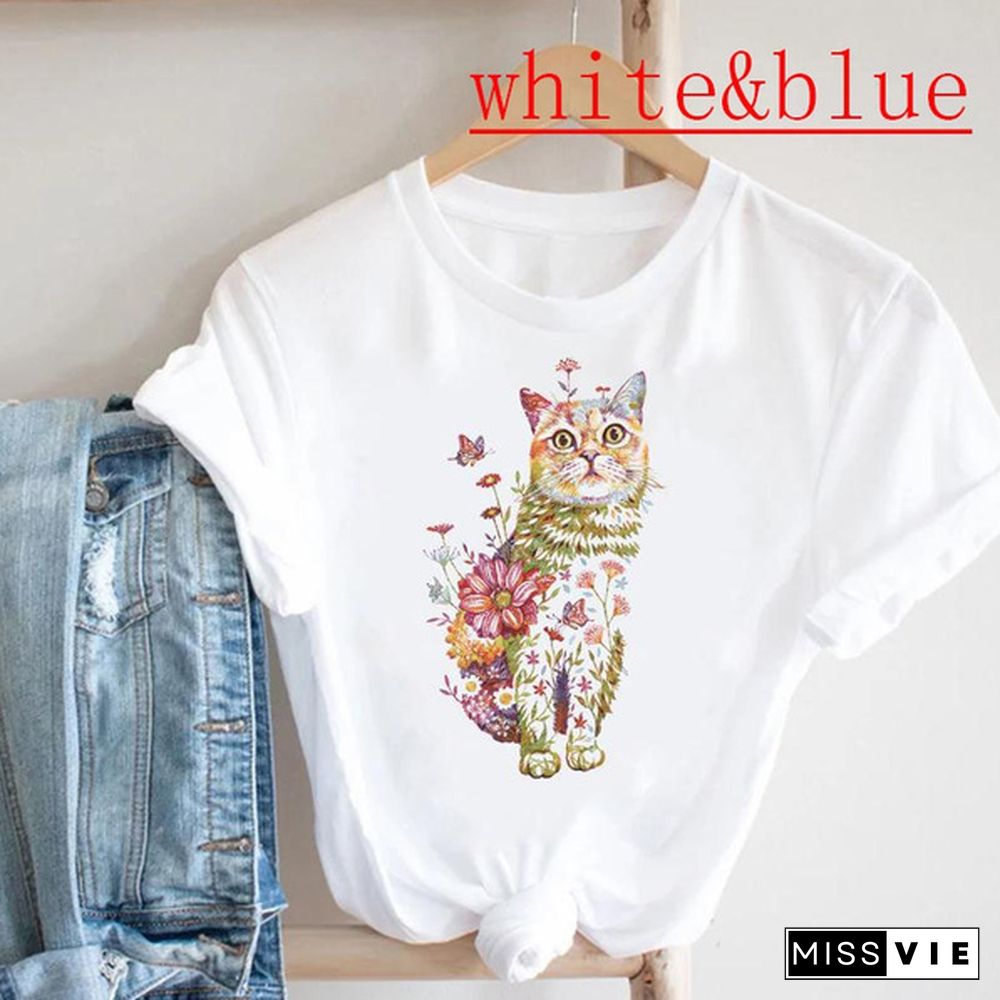 cat flower plant spring new clothing tee top tshirt fashion clothes women short sleeve summer print lady female T casual cartoon graphic t-shirt