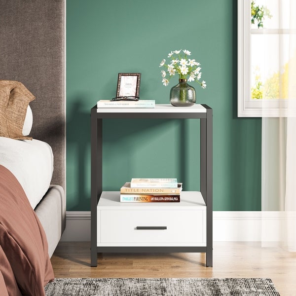 White and Gold Nightstand with Drawer and Storage Shelves