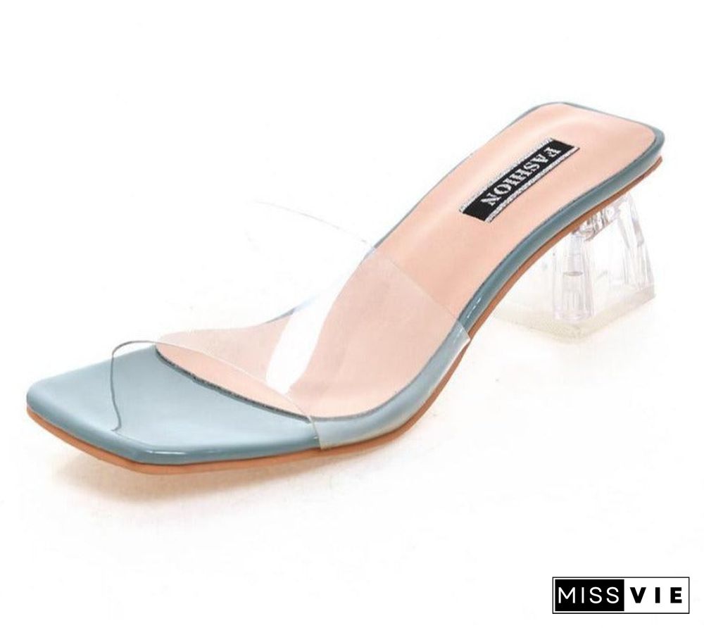 Clear Summer Sandals Women Shoes Women Mules Slides Peep Toe Transparent Square High Heels Female Shoe Casual  Square Heel