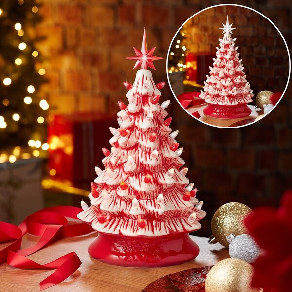 15Inch Red and White Ceramic Christmas Tree，Hand Painted PreLit