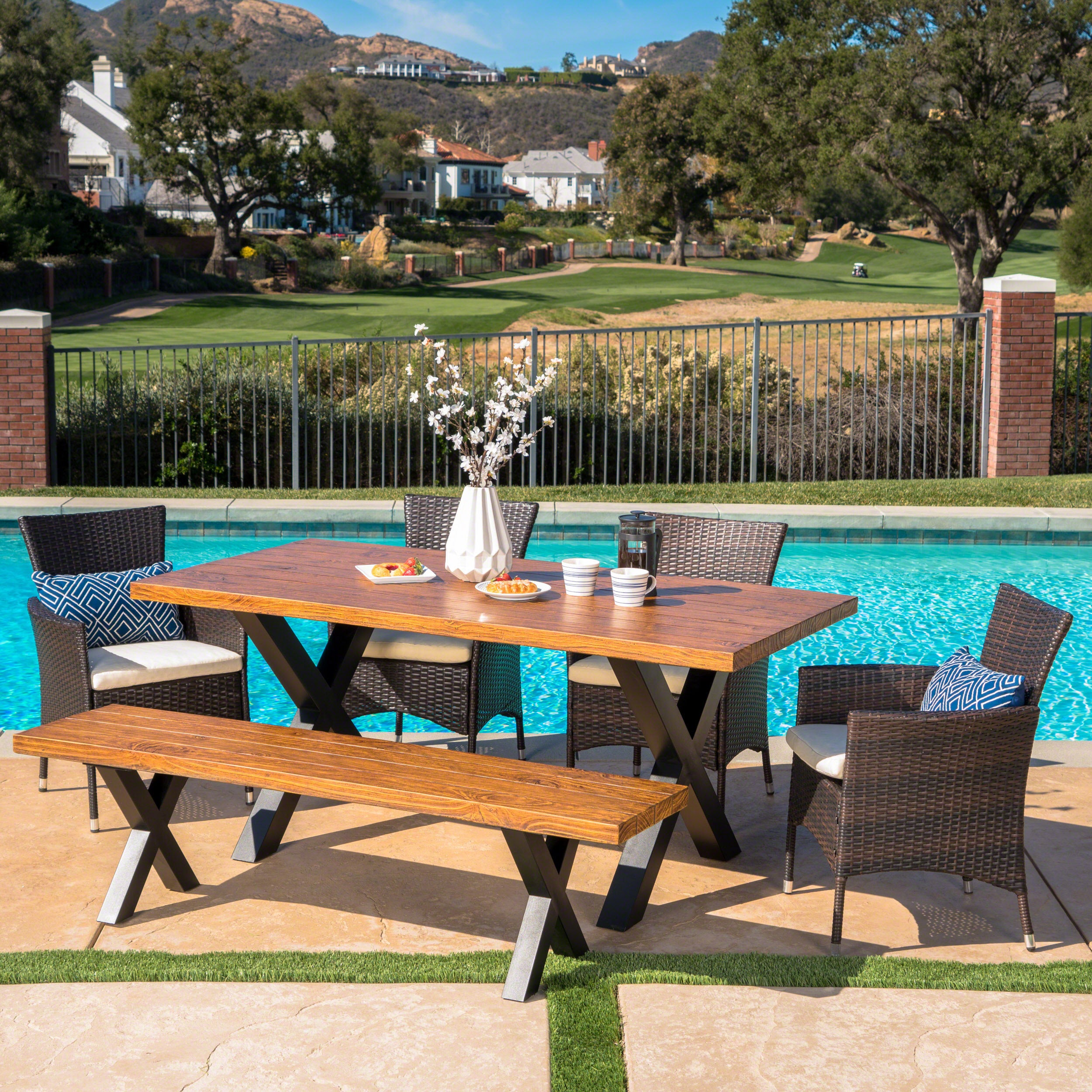 Nazareno Outdoor 6 Piece Wicker Dining Set with Concrete Table and Bench