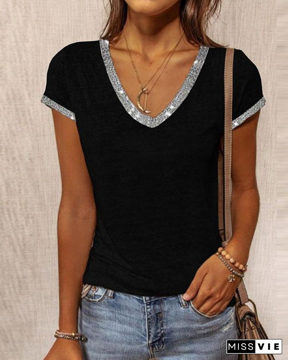 Fashion Contrast V Neck Slim Shirt&Top