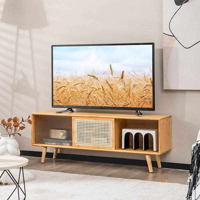 Modern TV Stand with Rattan Glass Sliding Doors Natural