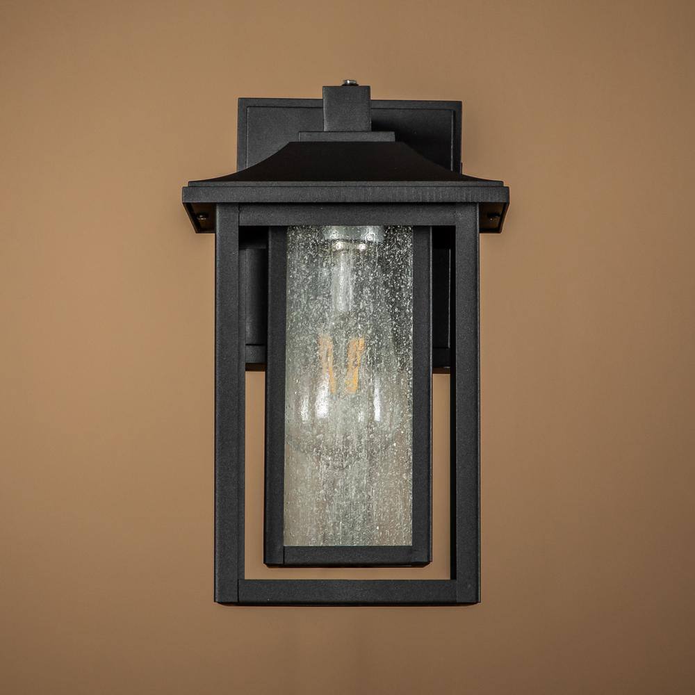 ALOA DECOR 1 Light Matte Black Dusk to Dawn Sensor Outdoor Wall Lantern Sconces with Seeded Glass and Built-in GFCI Outlets H7087W06A