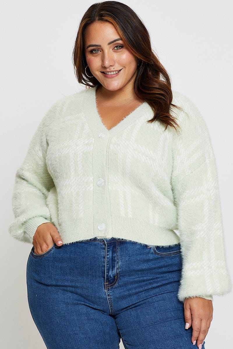 Check Cardigan Long Sleeve Fluffy Semi Crop