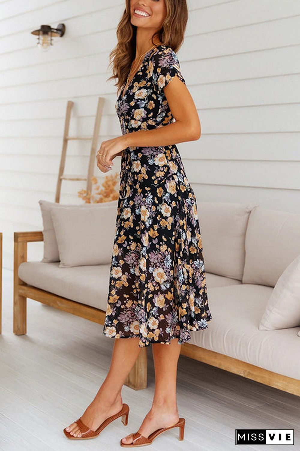 Floral Print V Neck Midi Dress