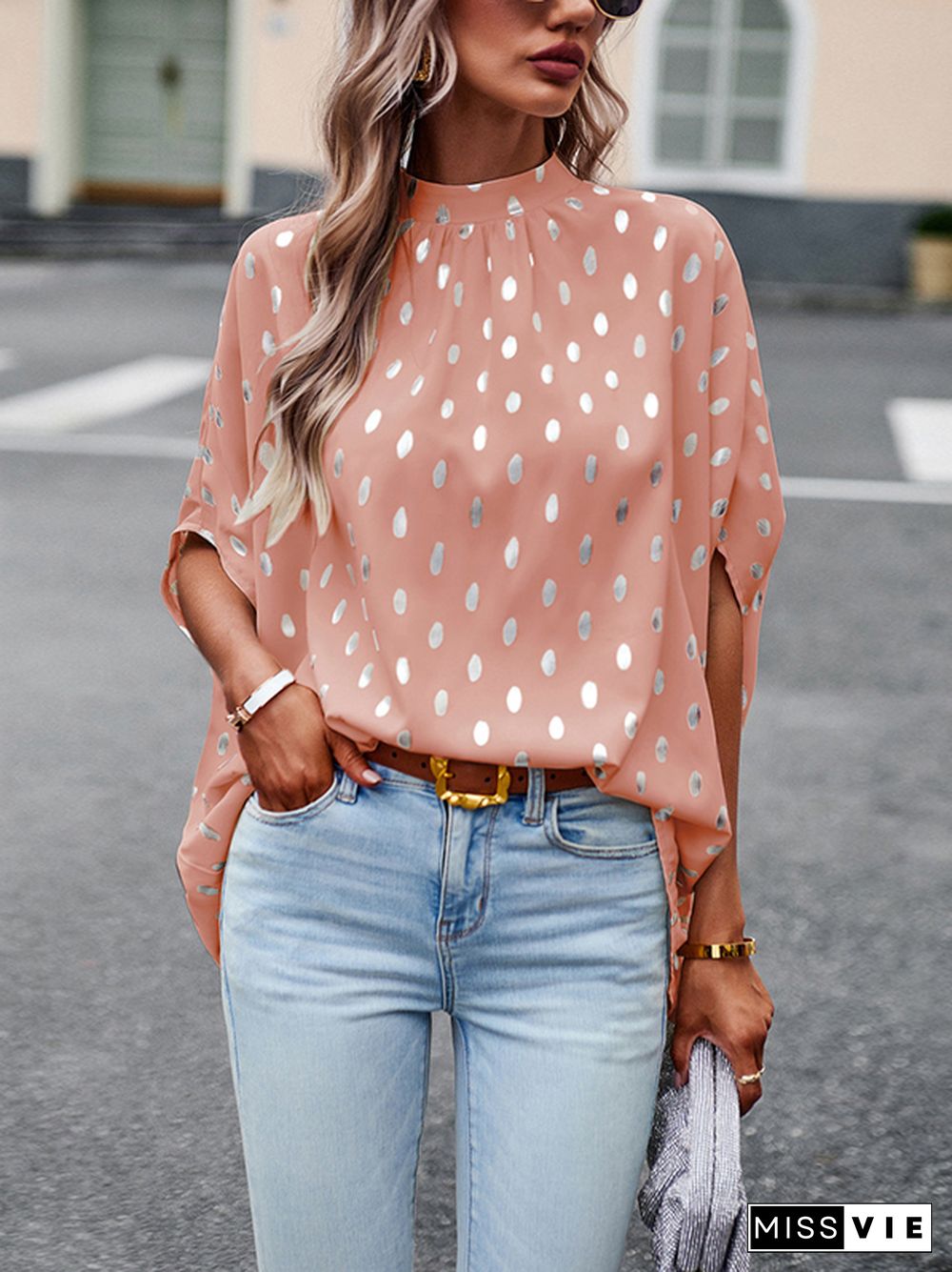 Loose Bandage Polka Dot Round-Neck Blouses&Shirts Tops