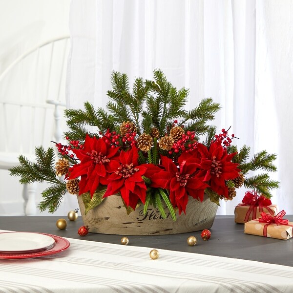 25 Poinsettia，Succulent and Pine Artificial Arrangement in Decorative Vase