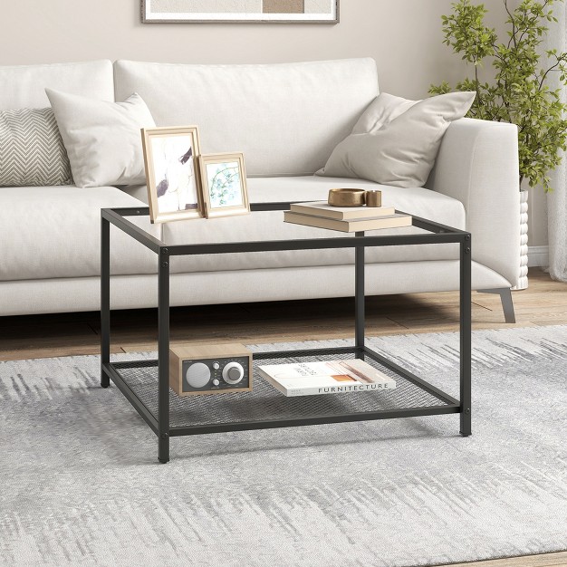 Costway Glass Coffee Table 27 5 Inch 2 tier Square With Mesh Shelf Living Room Grey transparent