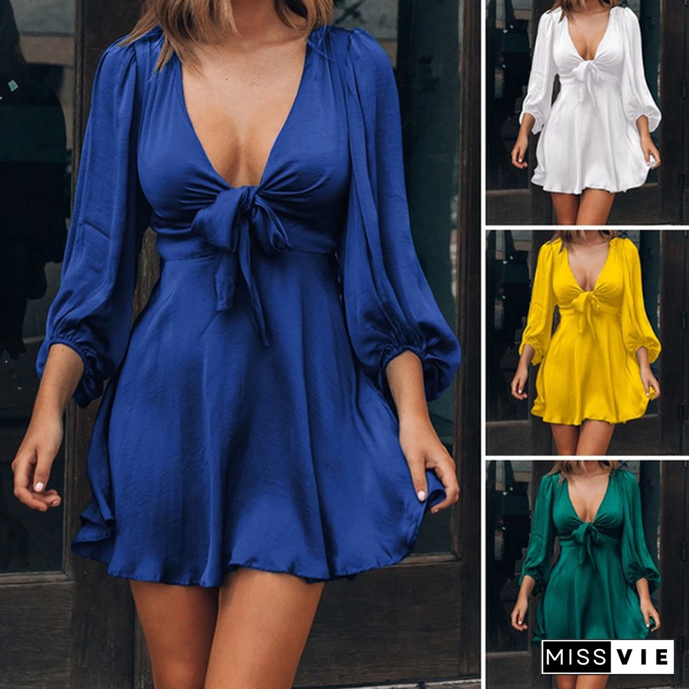 Plus Size Women 3/4 Sleeve Solid Color Deep V Neck Dress High Waist Satin Silk Sexy Mini Dress Holiday Party Formal Dress