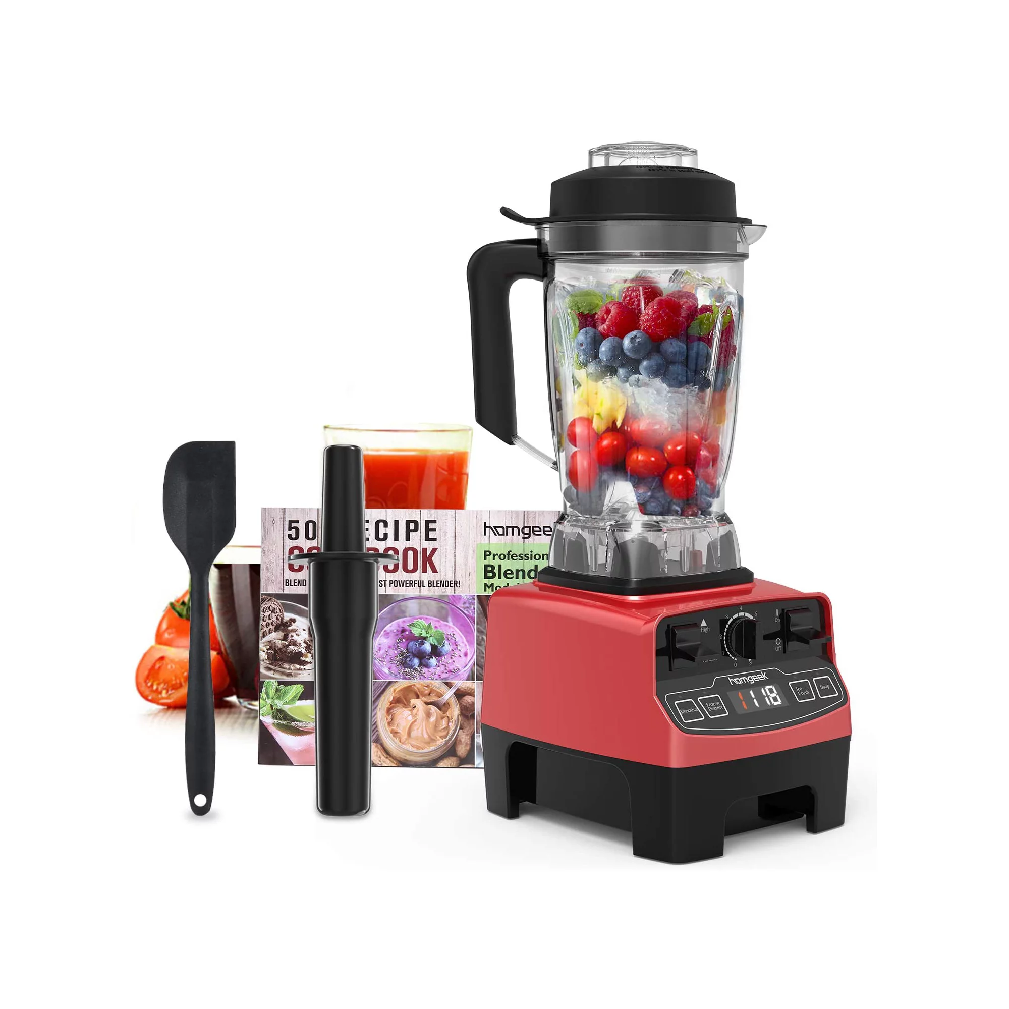 Homgeek 1450 Watts Professional Blender 70 oz.， 8 Adjustable Speeds Smoothie Blender with 4 Blending Preset Programs， Red