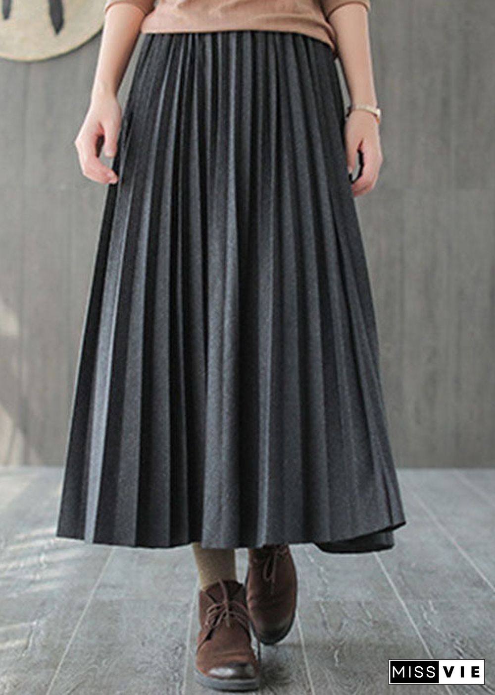 Italian Grey Black Casual Woolen Pleated Fall Skirts