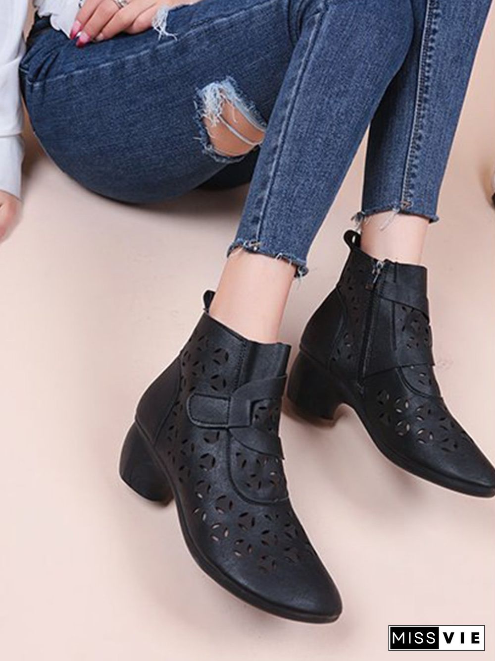 Vintage Cutout Chunky Heel Boots