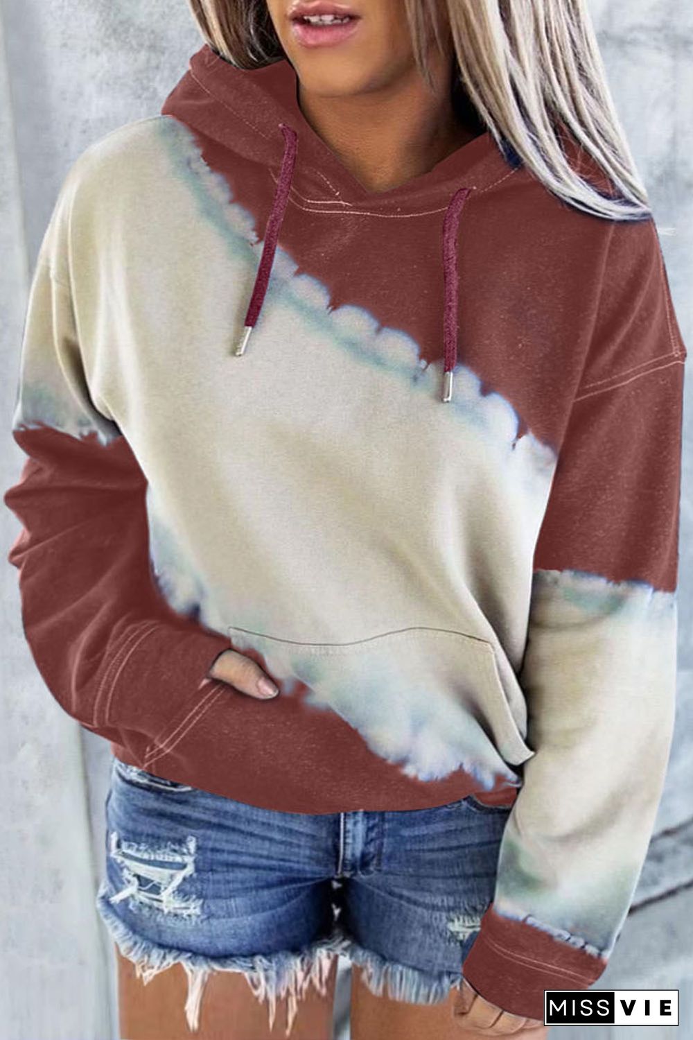 Wine Red Tie Dyed Color Block Plus Size Hoodie