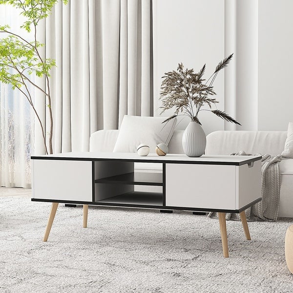 Modern Coffee Table with Drawers and Wooden Legs， Side Table Cocktain Table for Living Room