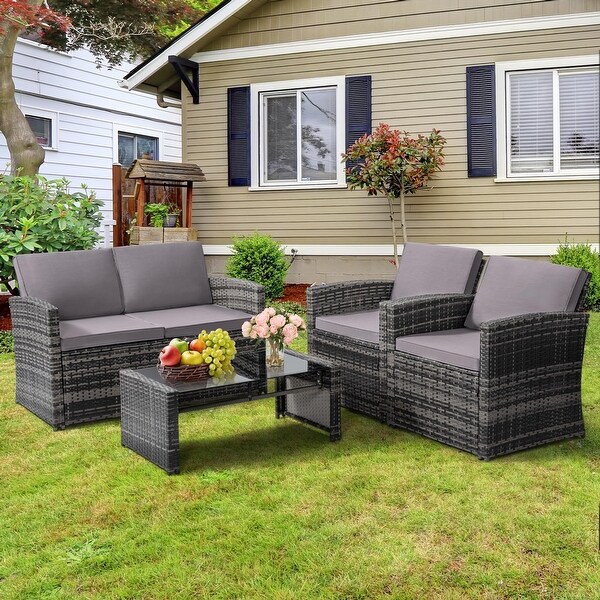 4 Pieces Patio Conversation Set，Outside Rattan Sectional Sofa，Cushioned Furniture Set，Wicker Sofa for Garden Rattan and Cushion