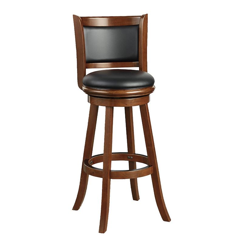 Pio 34 Inch Extra Tall Swivel Bar Stool， Wood， Faux Leather， Cherry Brown