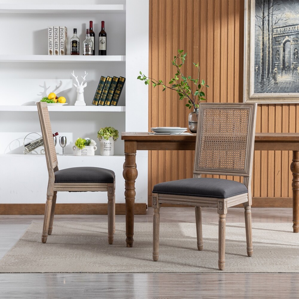 French Style Rattan Back Dining Chairs with Linen Fabric Upholstered Accent Side Chairs and Solid Wood Legs Seat of 2