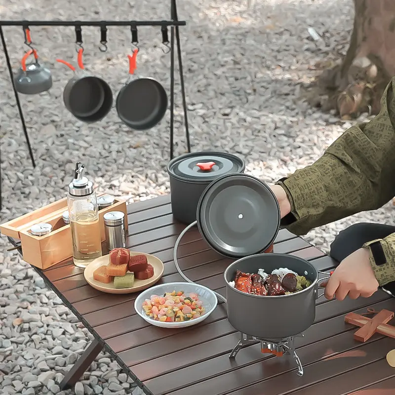 Outdoor Portable 2 3 person Camping stove head cover Pot Picnic Cookware Non stick pot teapot combination set