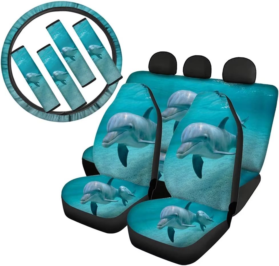 Pzuqiu Cute Aqua Dolphin Stretchy Automotive Steering Car Covers + Safety Belt Strap Shoulder Pad + Front Back Car Seat Covers Set of 4 for Car SUV Truck Women Men Full Set Universal Fit