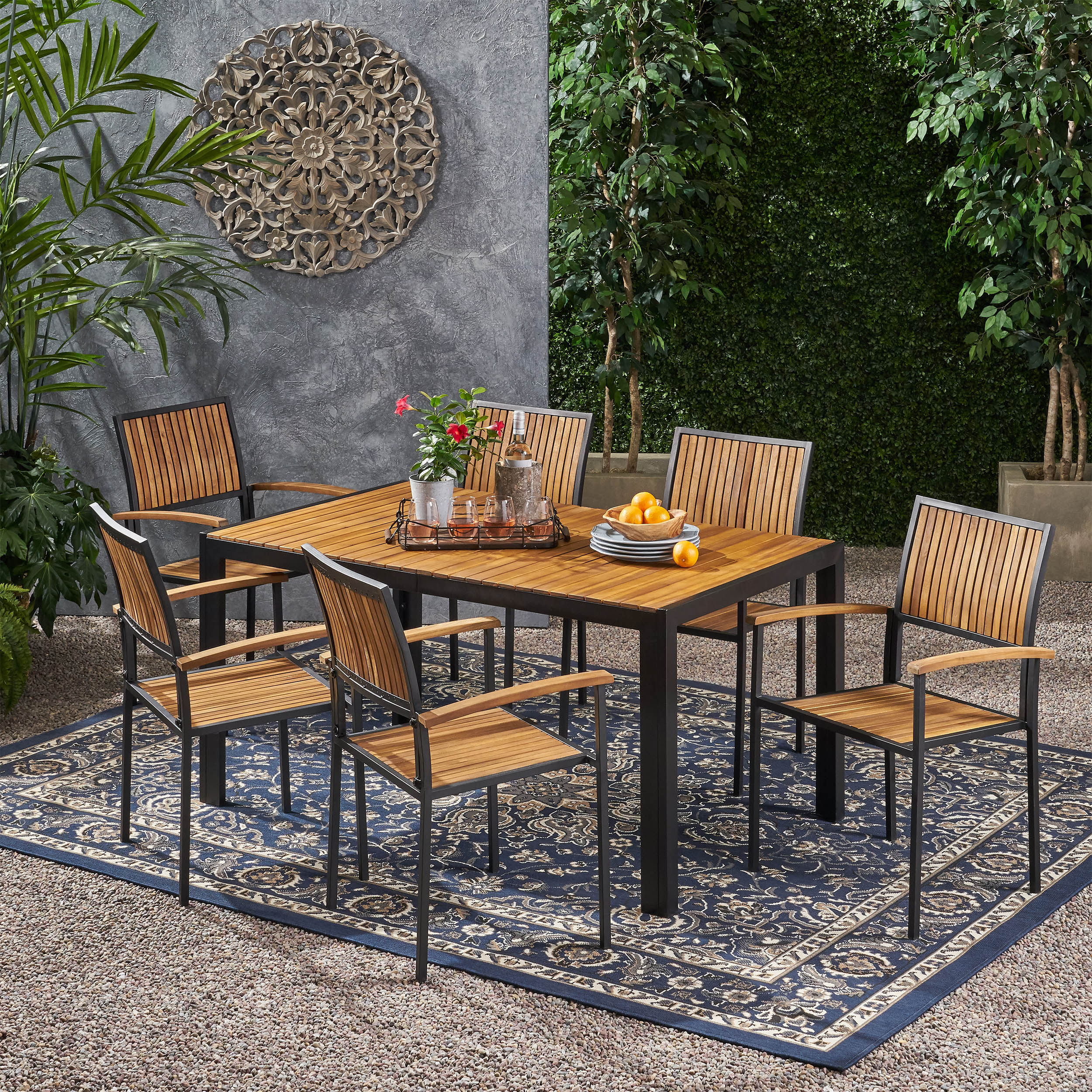 Grace Outdoor 6 Seater Acacia Wood Dining Set with an Iron Frame