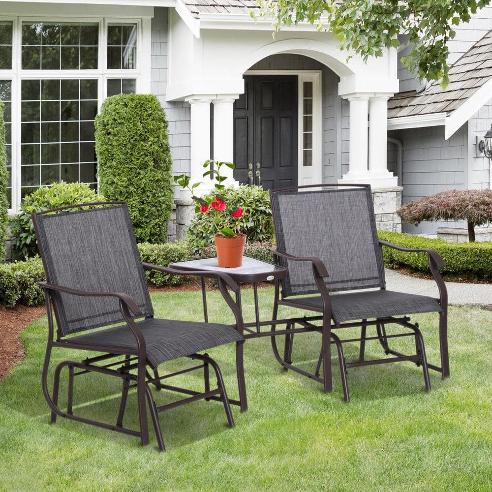 Outsunny 3-Piece Metal Frame Sling Grey Fabric Patio Conversation Set Double Rocker Chair with Center Coffee Table 84A-084