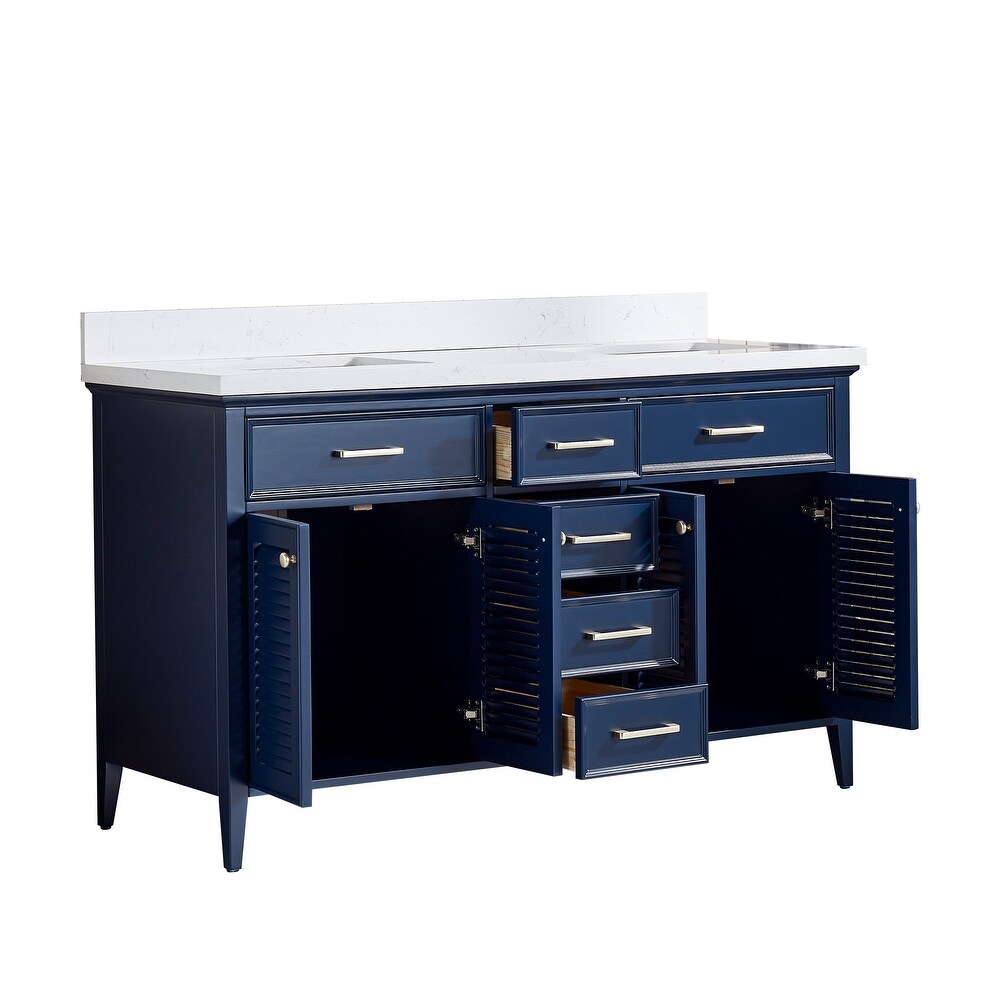 Barcelona 30 inch wood double sink vanity with marble and ceramic sink in Blue