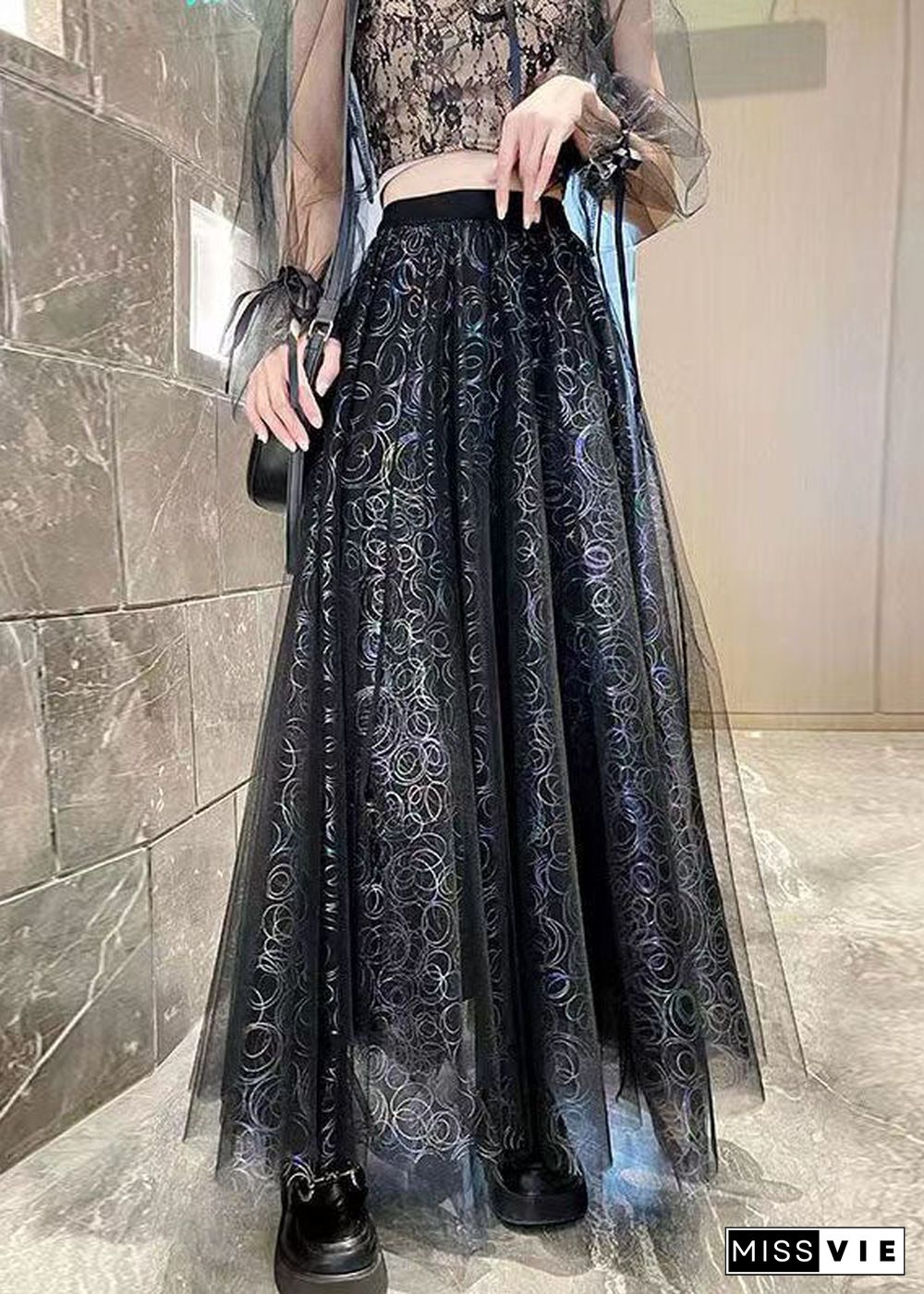 Stylish Black Wrinkle Patchwork Print Tulle Skirts Spring