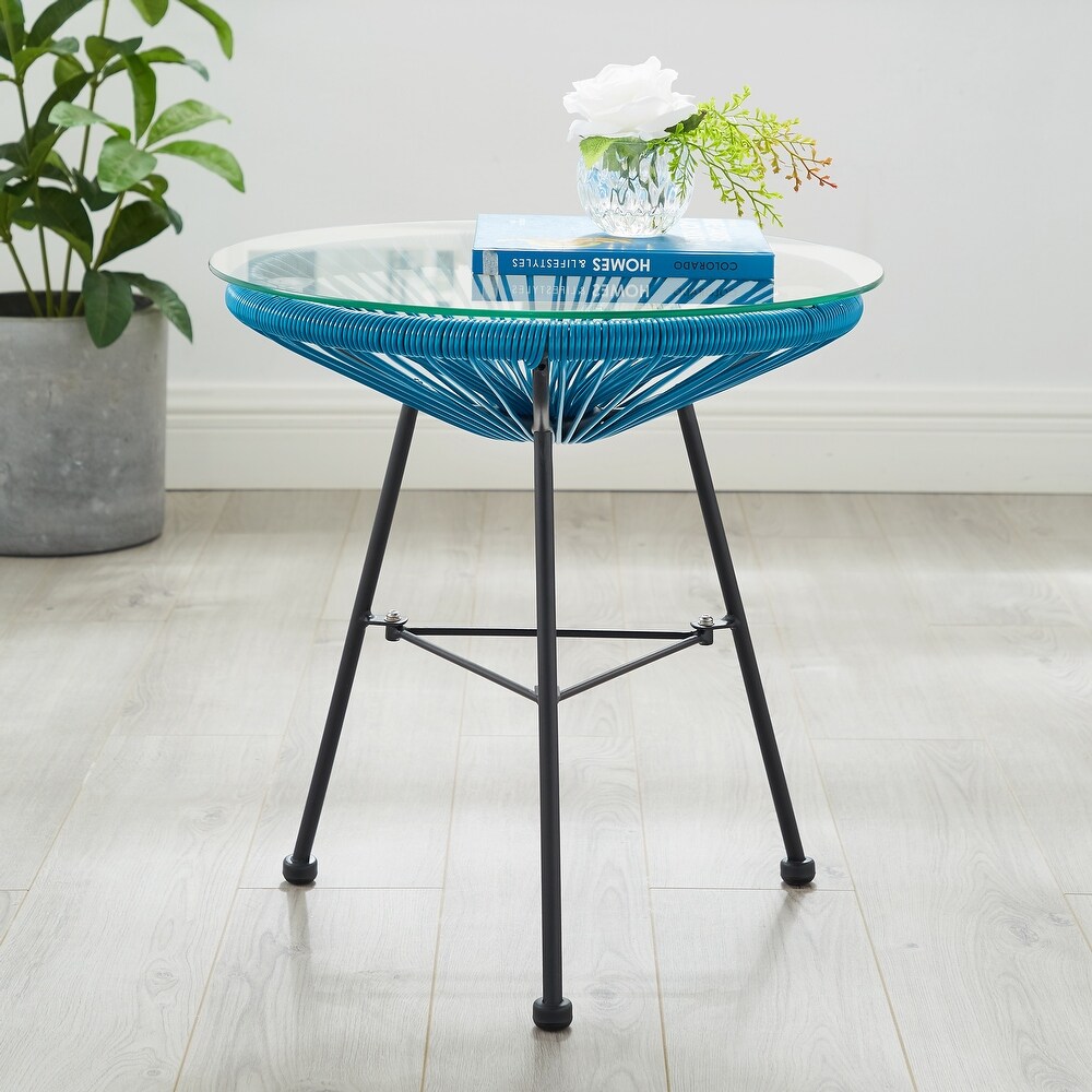 Corvus Sarcelles Modern Woven Wicker Patio Side Table with Glass Top