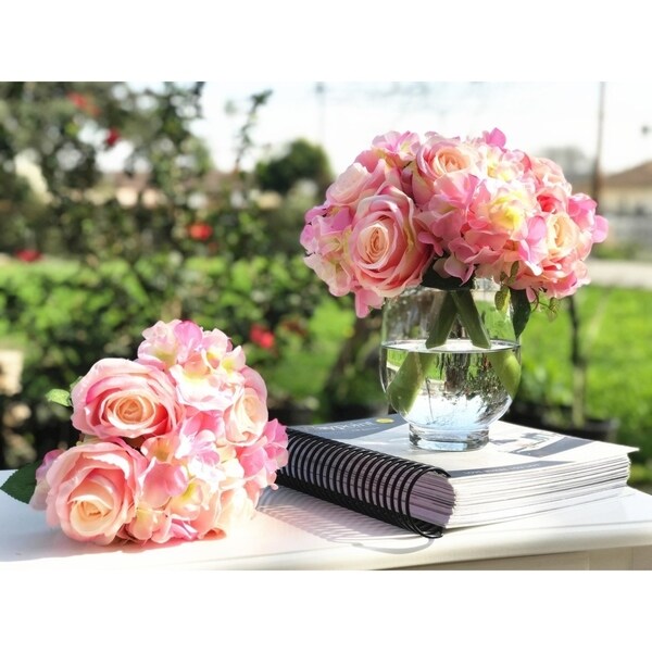 Enova Home Pink Artificial Silk Roses and Hydrangea Fake Flowers Arrangement in Round Glass Vase for Home Decoration