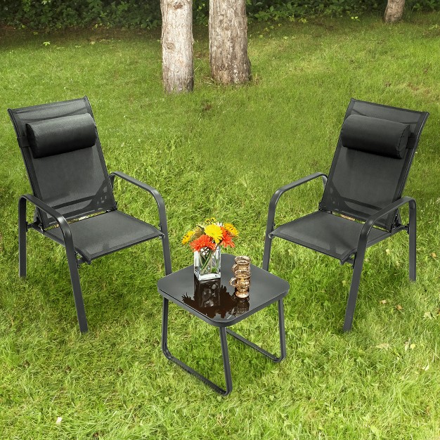 Costway 3pcs Patio Bistro Furniture Set Adjustable Back Stackable Chairs Brown black