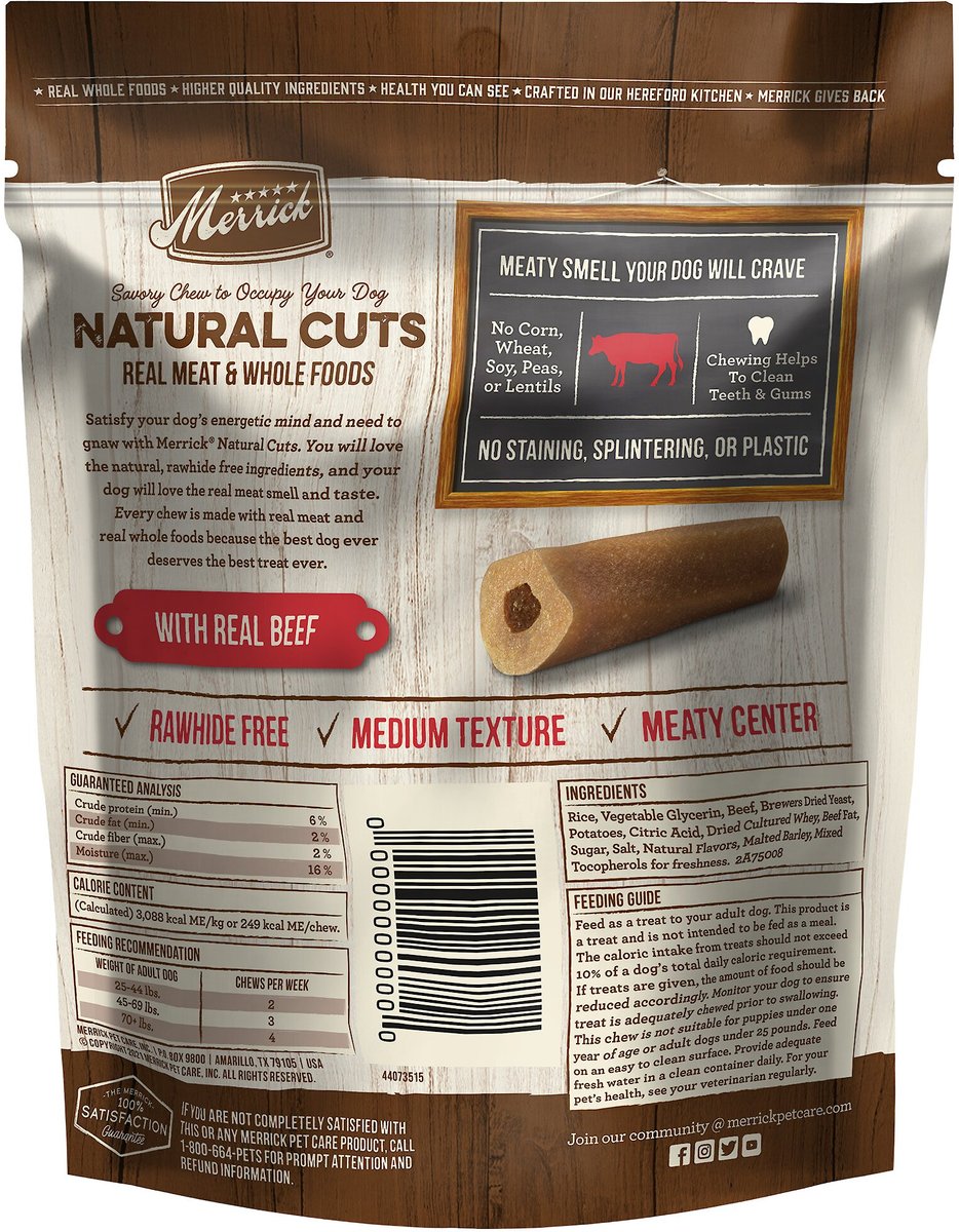 Merrick Natural Cuts Medium Real Beef Flavor Rawhide Free Dog Treats， 4 count