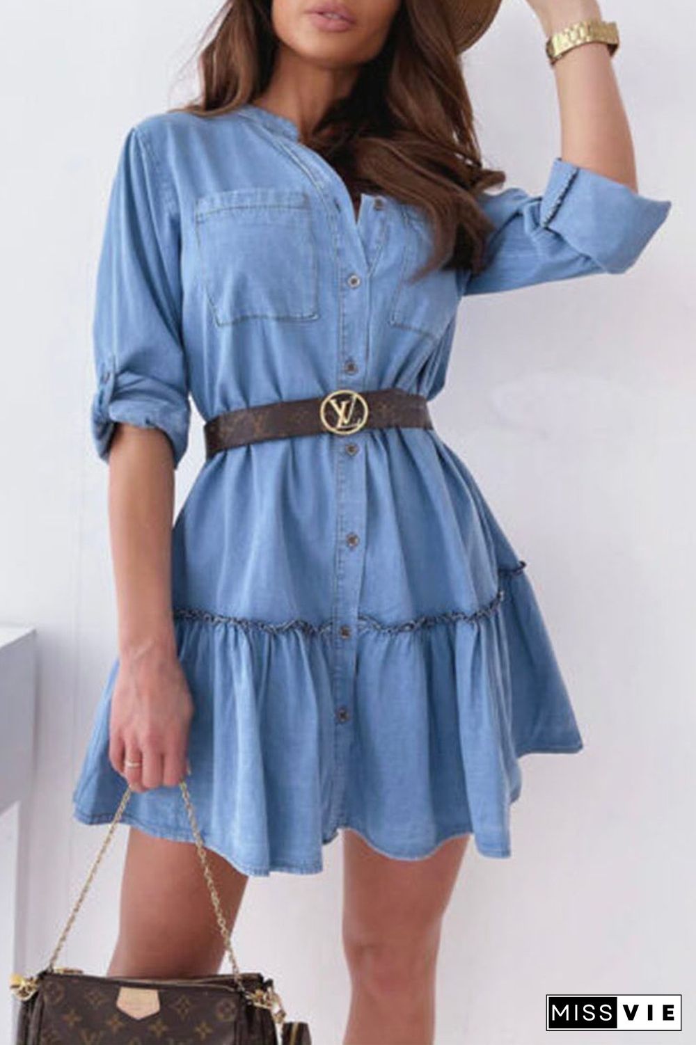 Denim Ruffle Hem Dress(Without Belt)