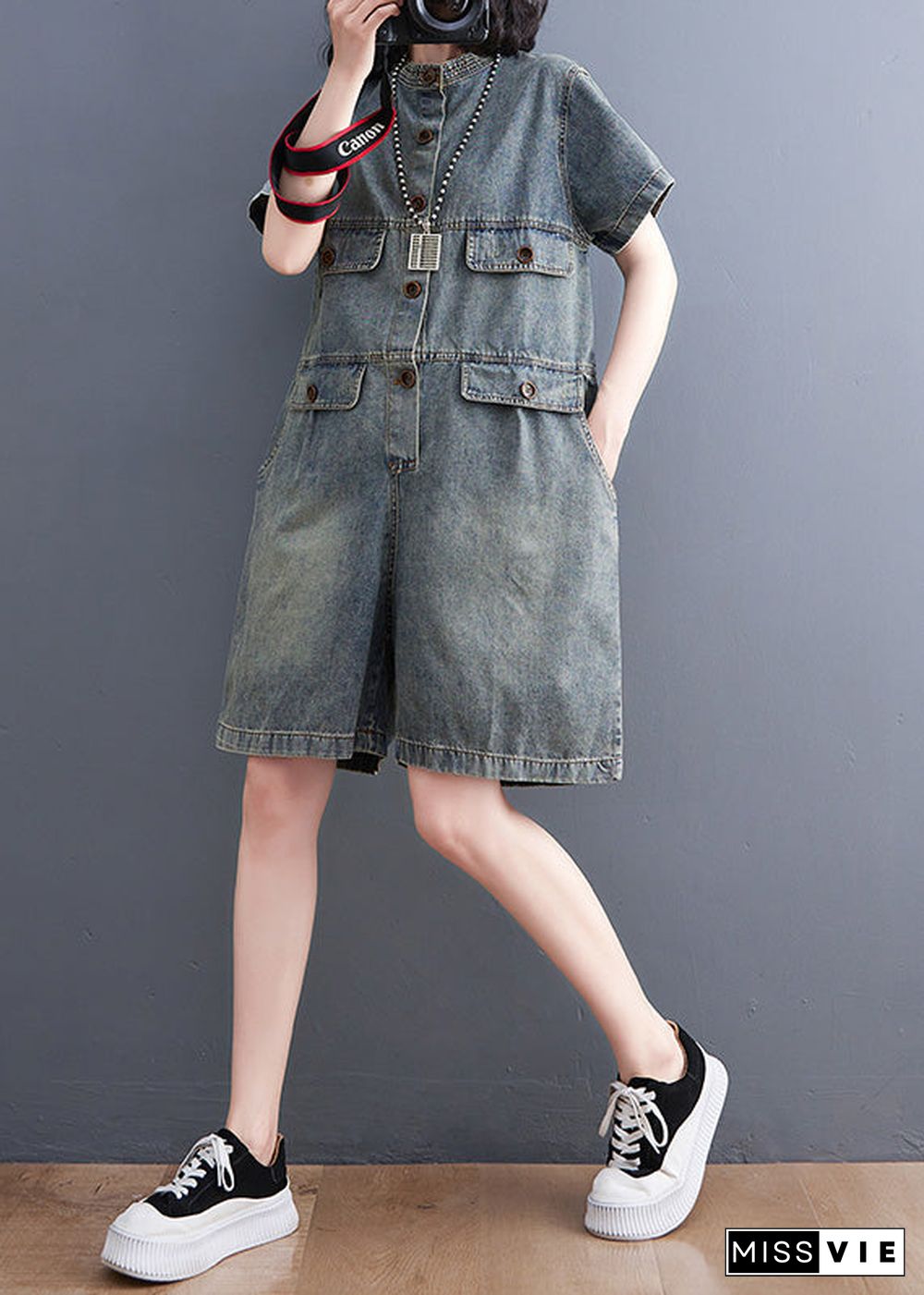 Plus Size Denim Blue O-Neck Patchwork Button Jumpsuits Short Sleeve