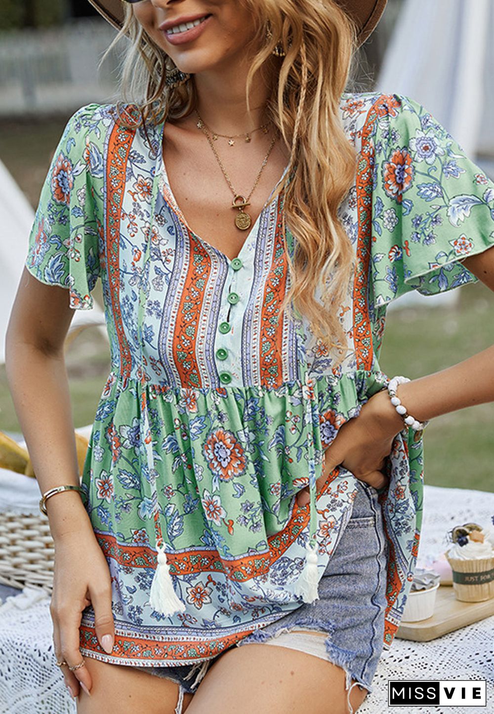 Tie V Neck Peplum Boho Blouse