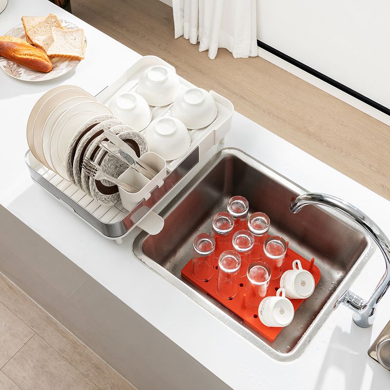 Expandable Dish Drying Rack Adjustable Dual-part Dish Drainer With Detachable Utensil Holder