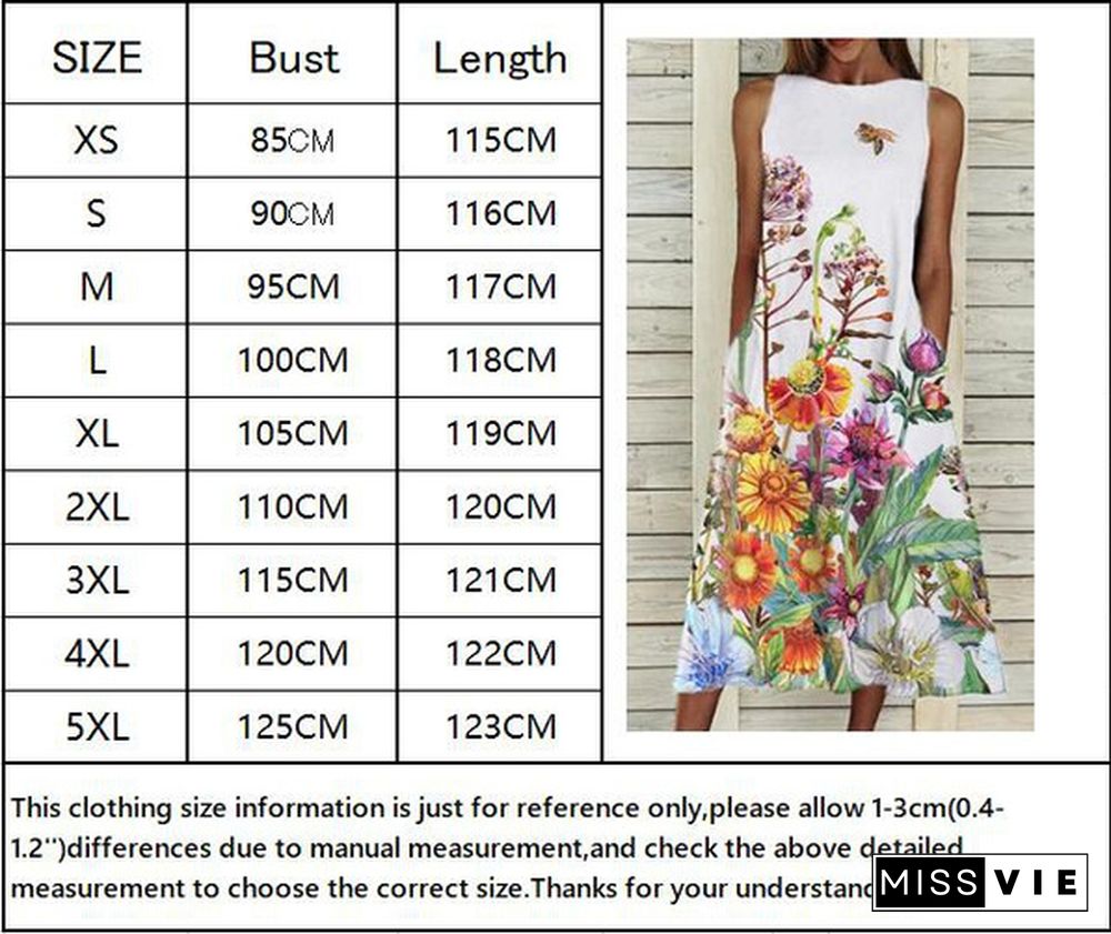 New Fashion Women's Elegant Sleeveless Print A-Line Dress Round Neck Casual Party Dresses Girls Sweet Long Dress Plus Size