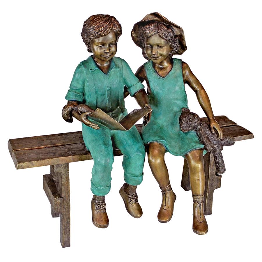 Read to Me, Boy and Girl on Bench Cast Bronze Garden Statue by Design Toscano