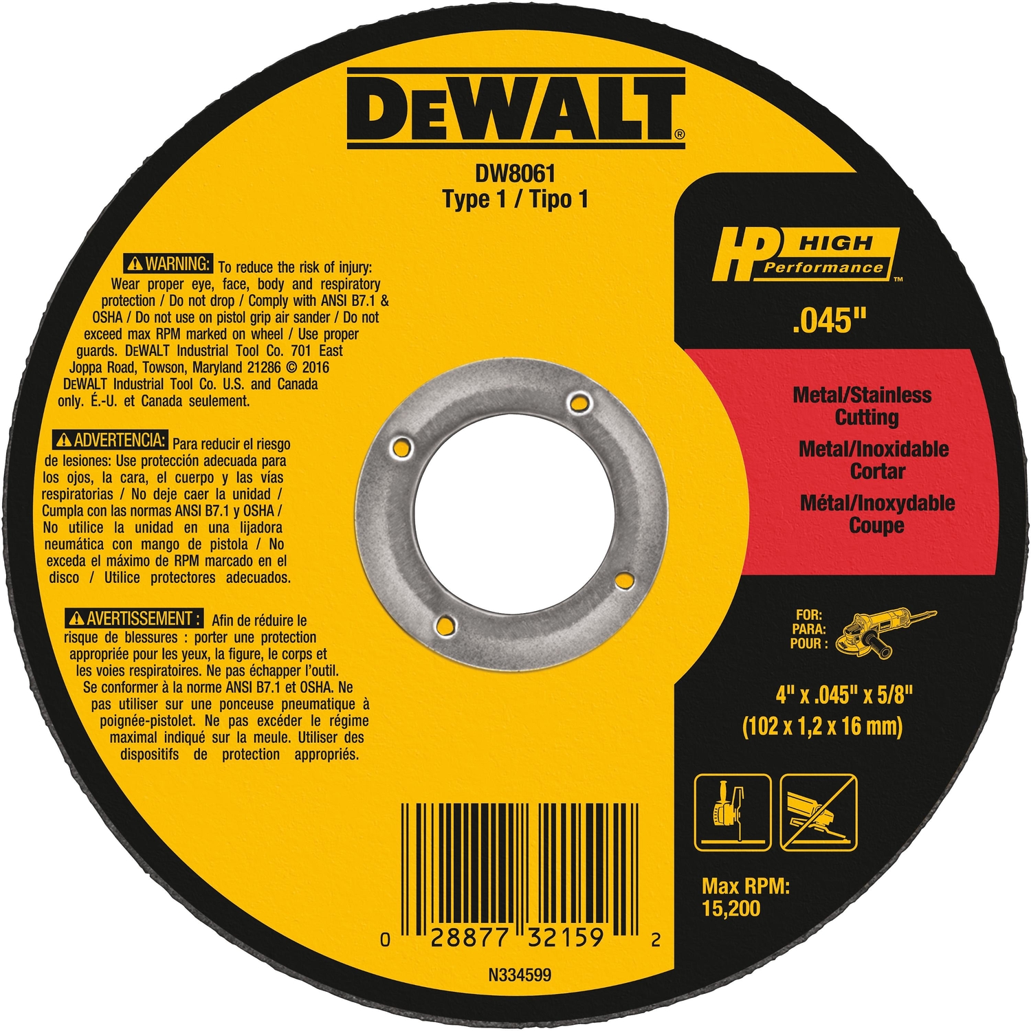 DW 4 in. D X 5/8 in. Aluminum Oxide Cut-Off Wheel