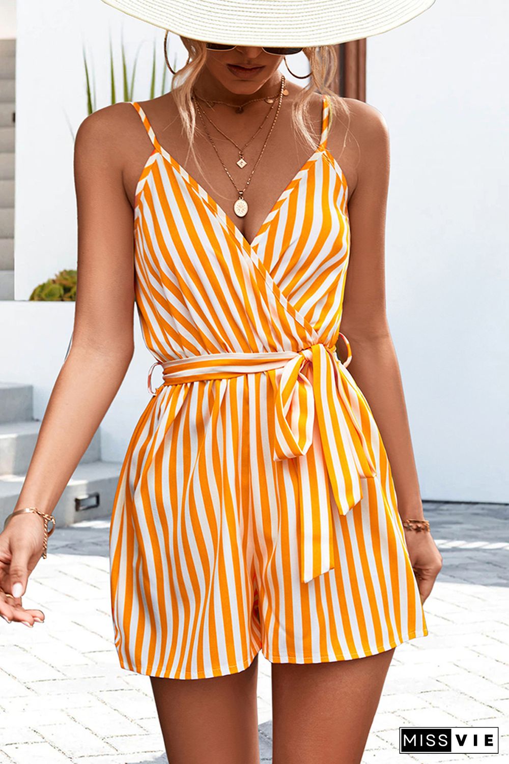 Wrap V Neck Striped Waistband Cami Rompers