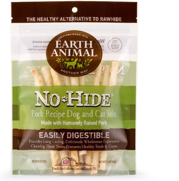 Earth Animal No-Hide Long Lasting Natural Rawhide Alternative Pork Recipe Stix Chew Dog and Cat Treat Sticks， 10 count