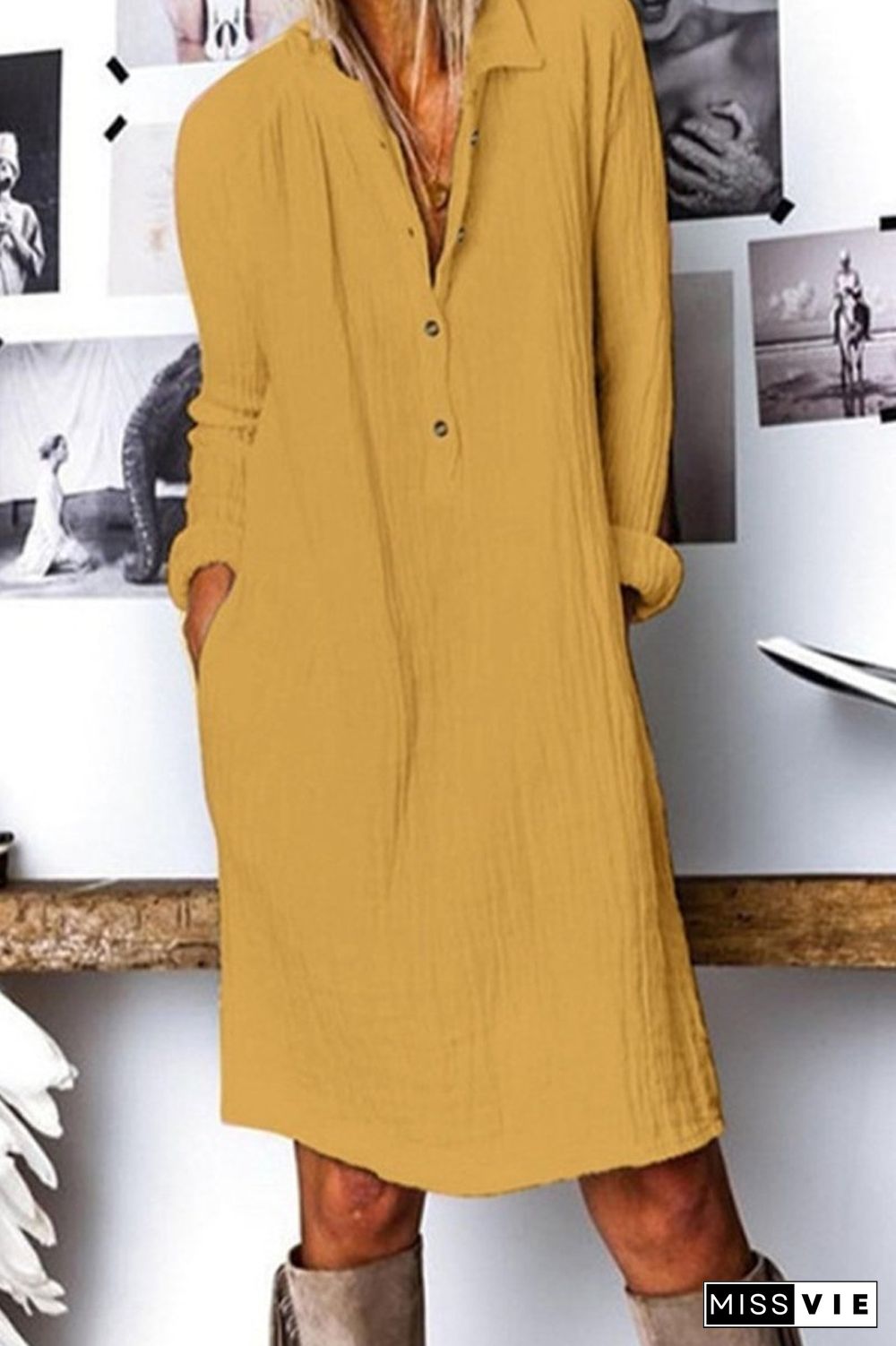 Solid Color Cotton And Linen Midi Dress