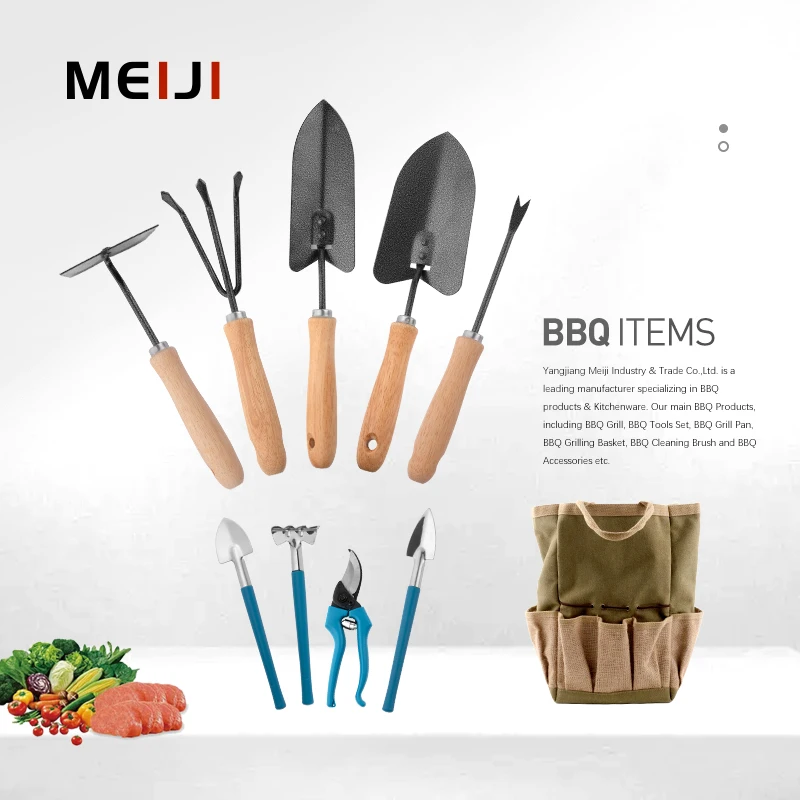 MEIJI 2023 Outdoor Green House Garden Supplies Wheat Straw Handle Trowel Transplanter Cultivator Fork Garden Hand Tool Set