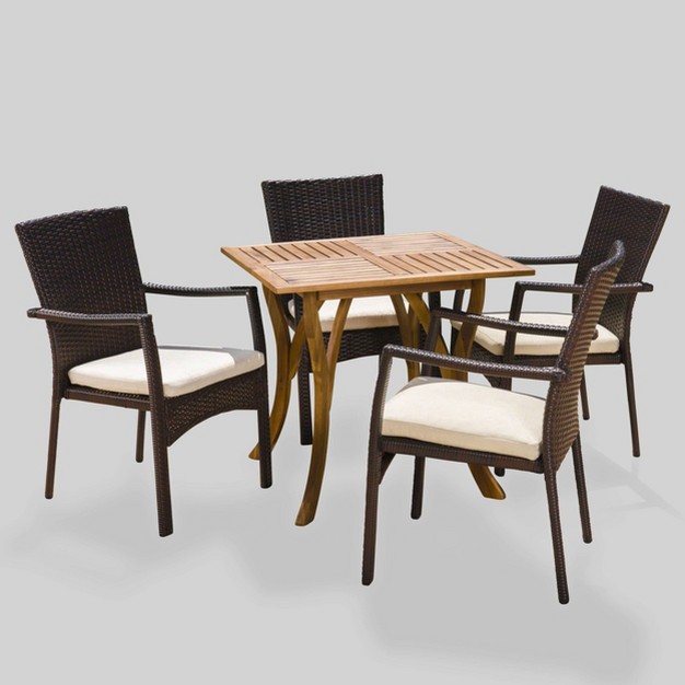 Ferris 5pc Acacia Wood amp Wicker Patio Dining Set Brown Christopher Knight Home