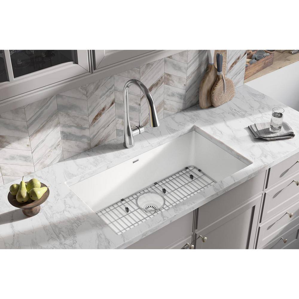 Elkay Quartz Classic White Quartz 33 in. Single Bowl Undermount Kitchen Sink with Bottom Grid and Drain ELGRU13322WH0C